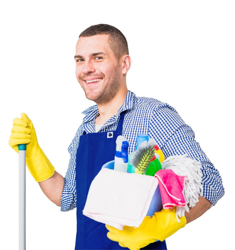 Happy Staff Member holding cleaning equipment