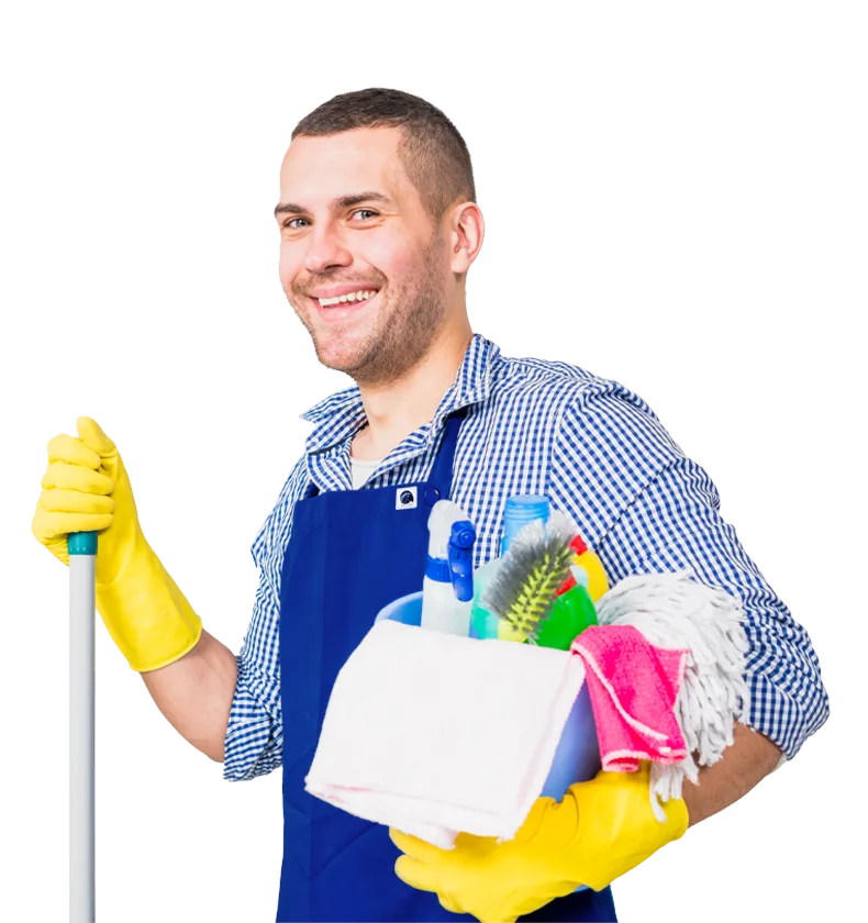 Happy Staff Member holding cleaning equipment
